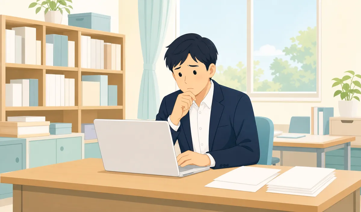 職員室の机でノートパソコンに向かい、書類を見ながら手続きを進めている先生