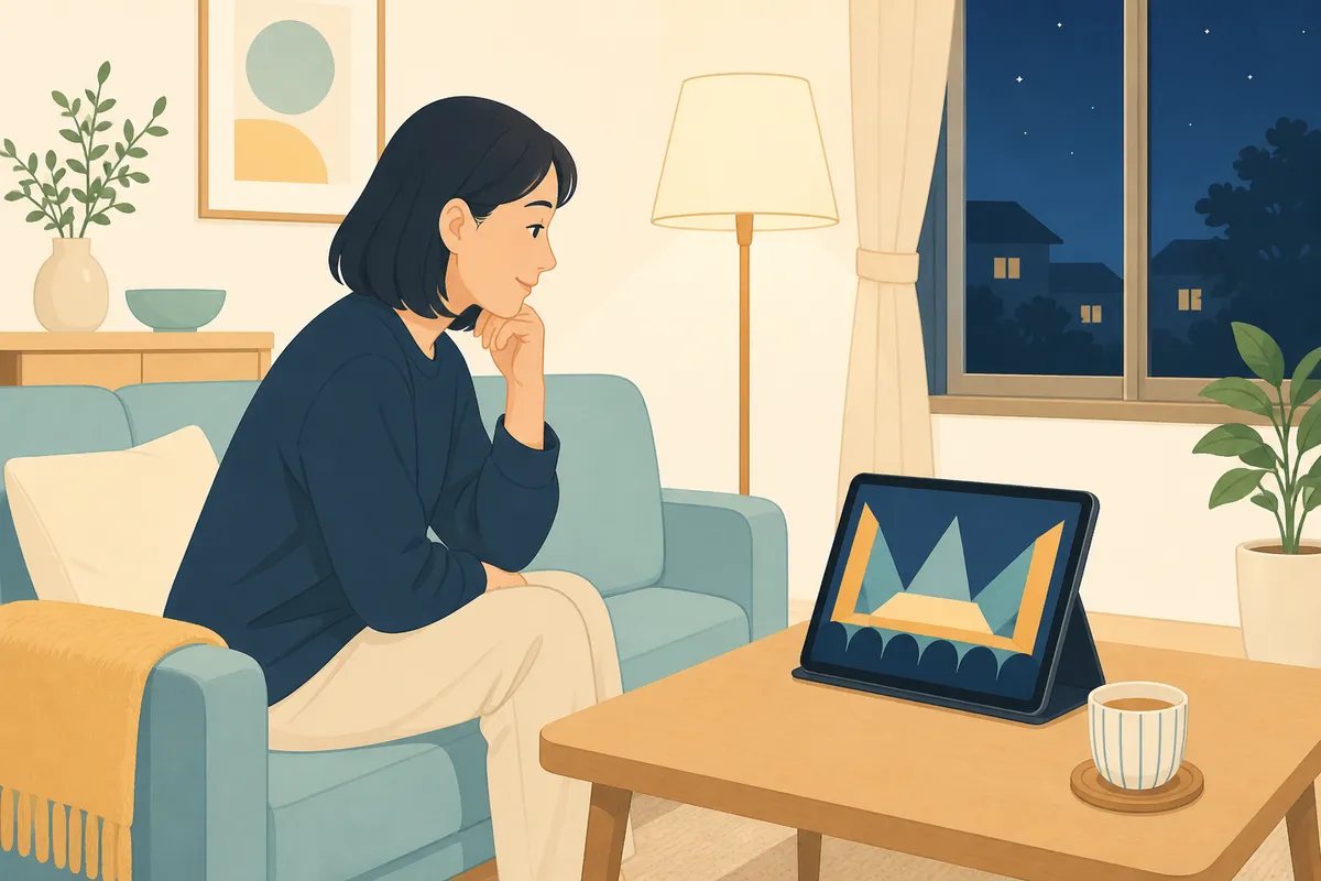 夜の自宅のソファで、机に立てたタブレットで学校行事の配信を見ている保護者