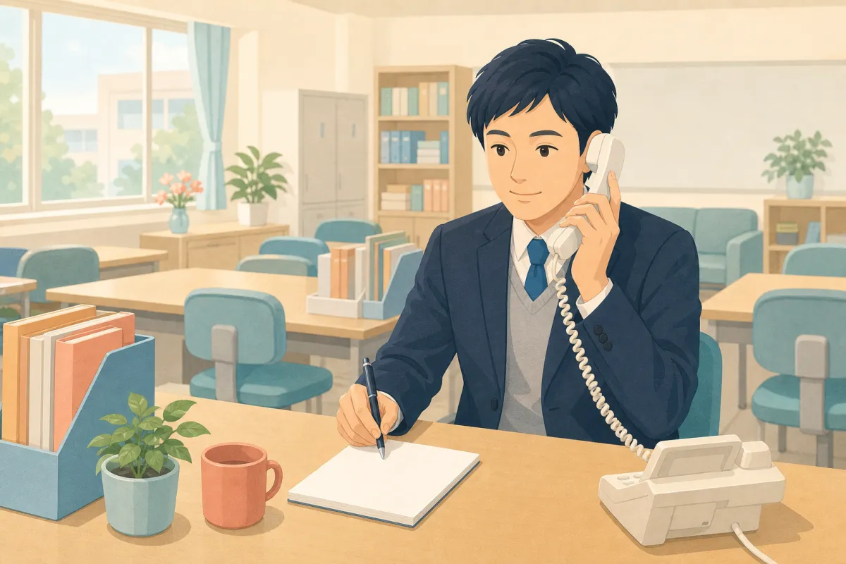 職員室で先生が電話をしながら、聞いた内容をメモに書きとめている