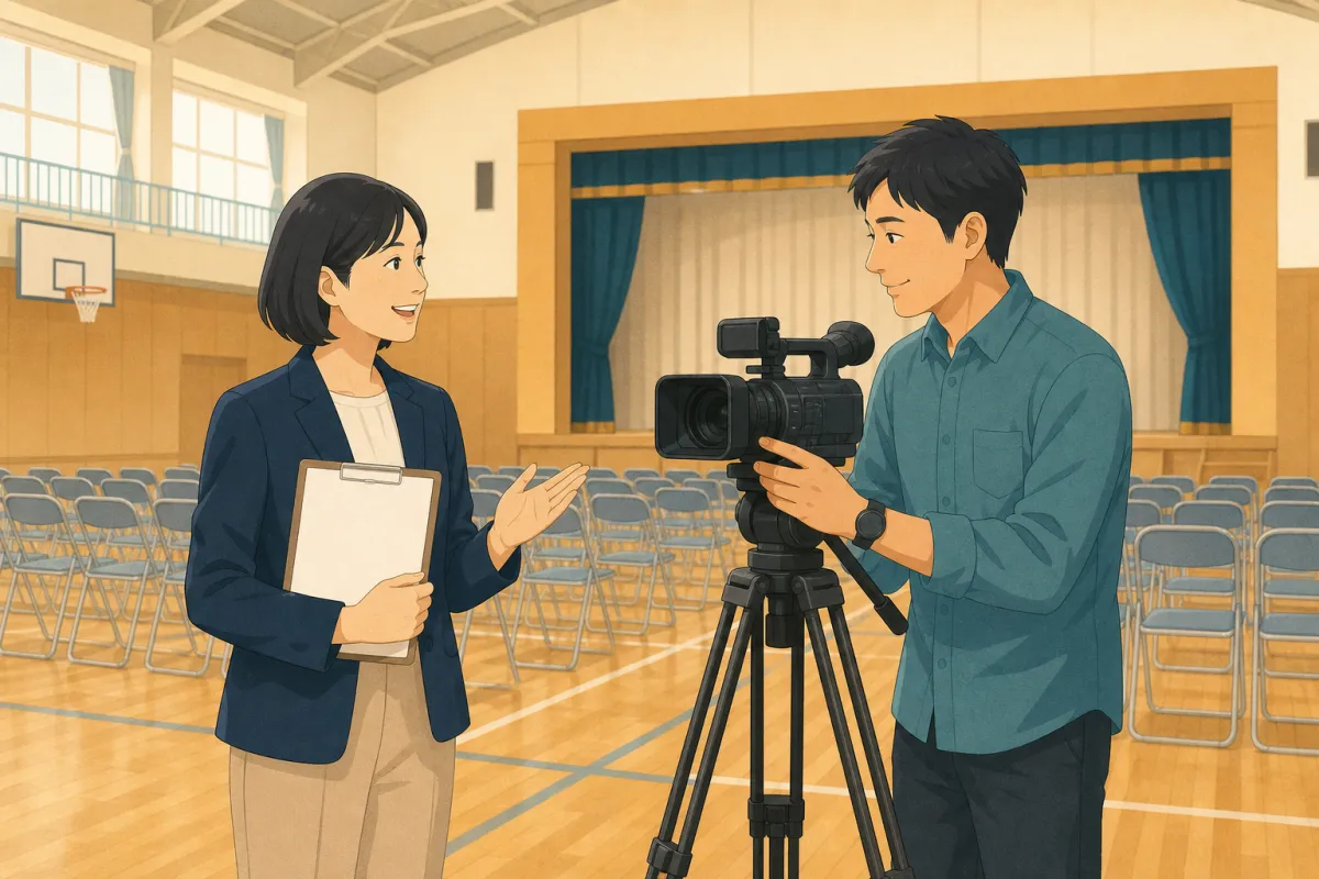 行事の前の体育館で、進行表を持つ先生とカメラを立てる撮影者が打ち合わせをしている