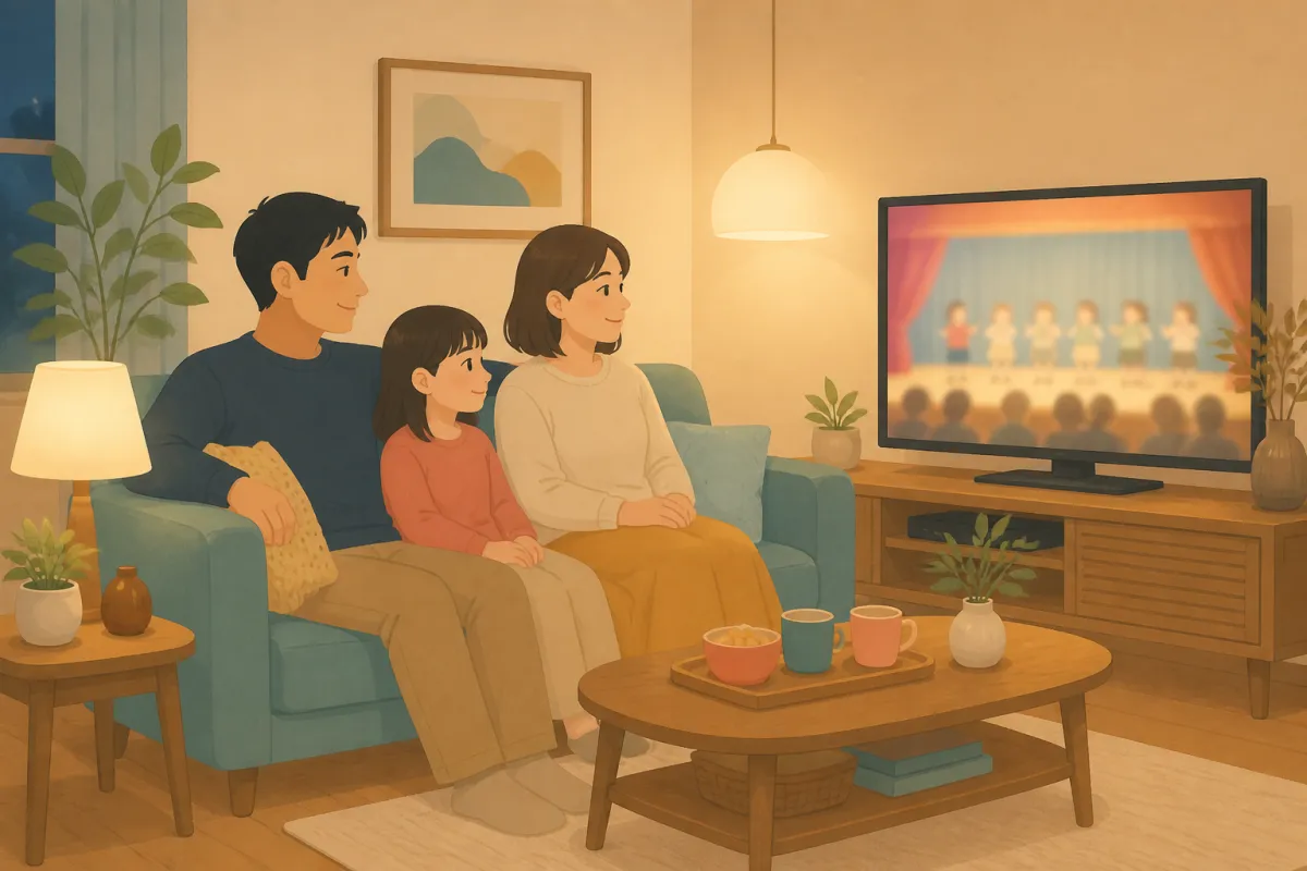 夜の自宅の居間で、家族がテレビに映った学校行事の映像を見ている
